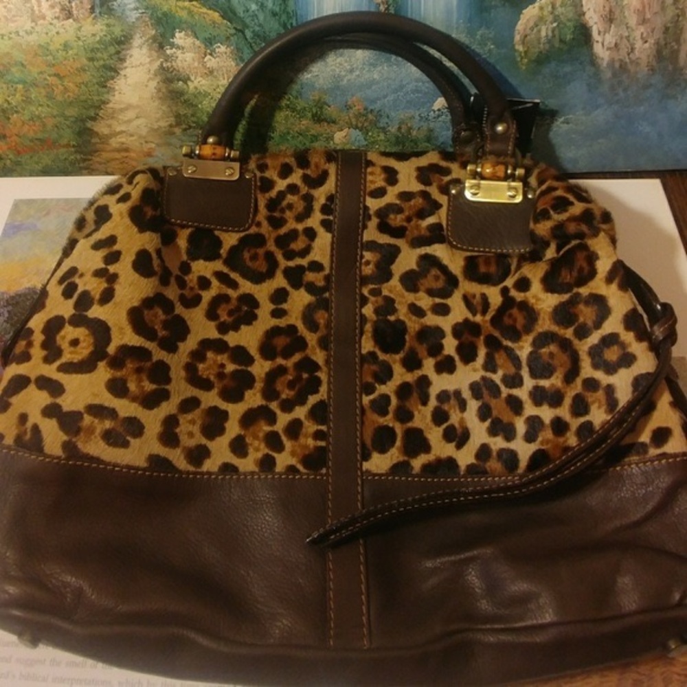 Leopard Print and Brown Leather Shoulder Bag